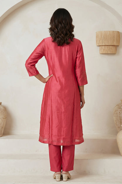 Pink Zari Embroidered Cotton Blend Straight Kurta