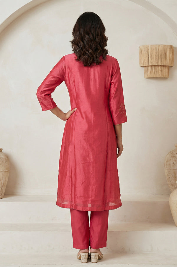 Pink Zari Embroidered Cotton Blend Straight Kurta