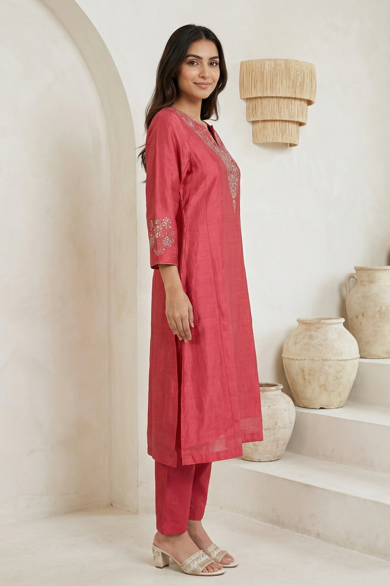Pink Zari Embroidered Cotton Blend Straight Kurta