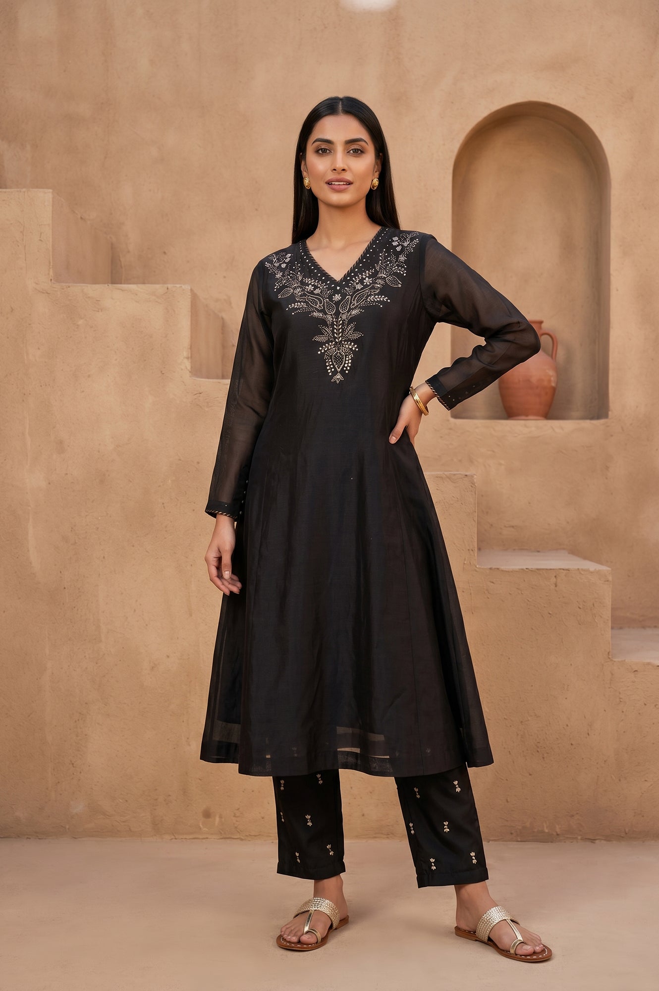 Black Embellished Cotton Silk Flared Kurta