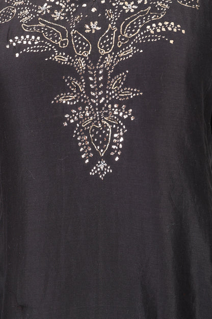 Black Embellished Cotton Silk Flared Kurta