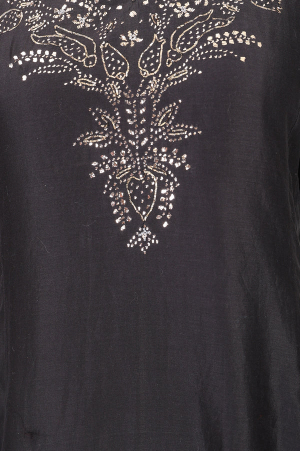 Black Embellished Cotton Silk Flared Kurta