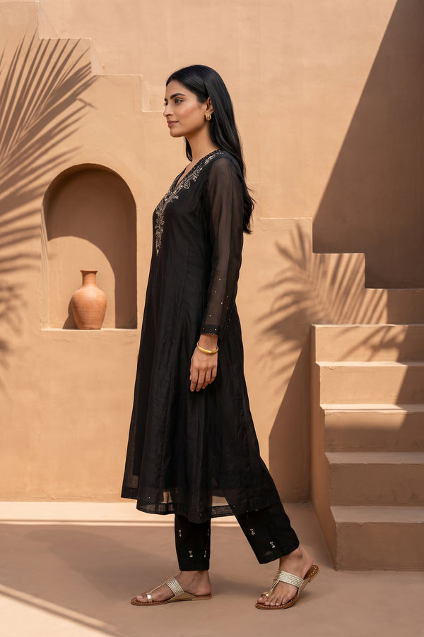 Black Embellished Cotton Silk Flared Kurta