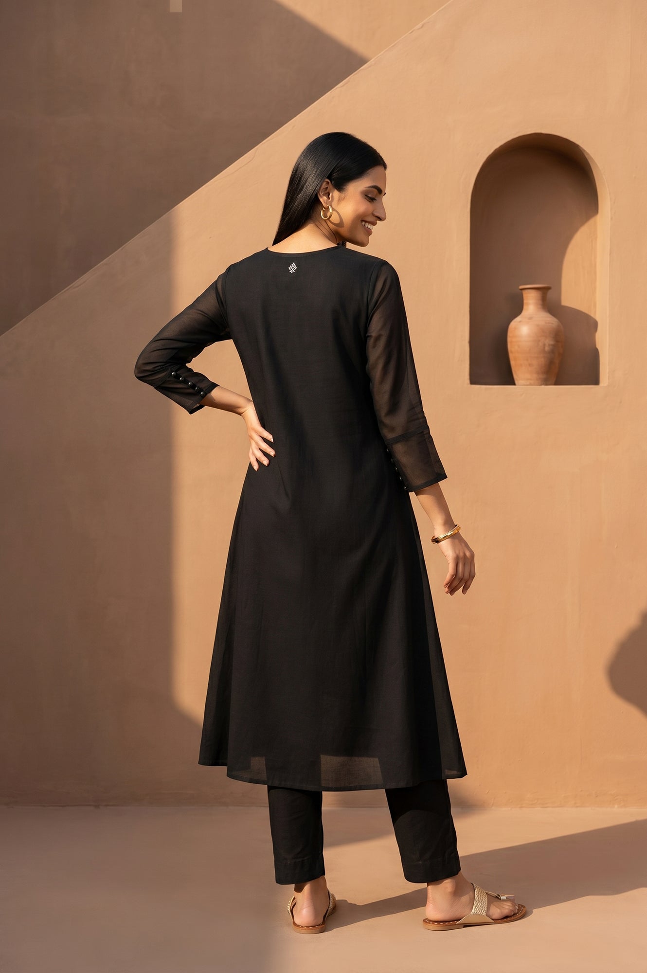 Black Embellished Cotton Silk Flared Kurta