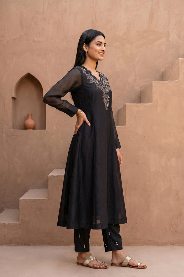 Black Embellished Cotton Silk Flared Kurta
