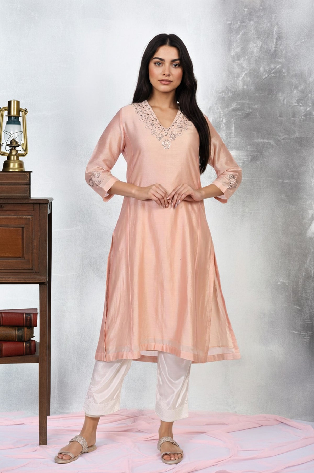 Peach Embroidered A-Line Cotton Kurta - S