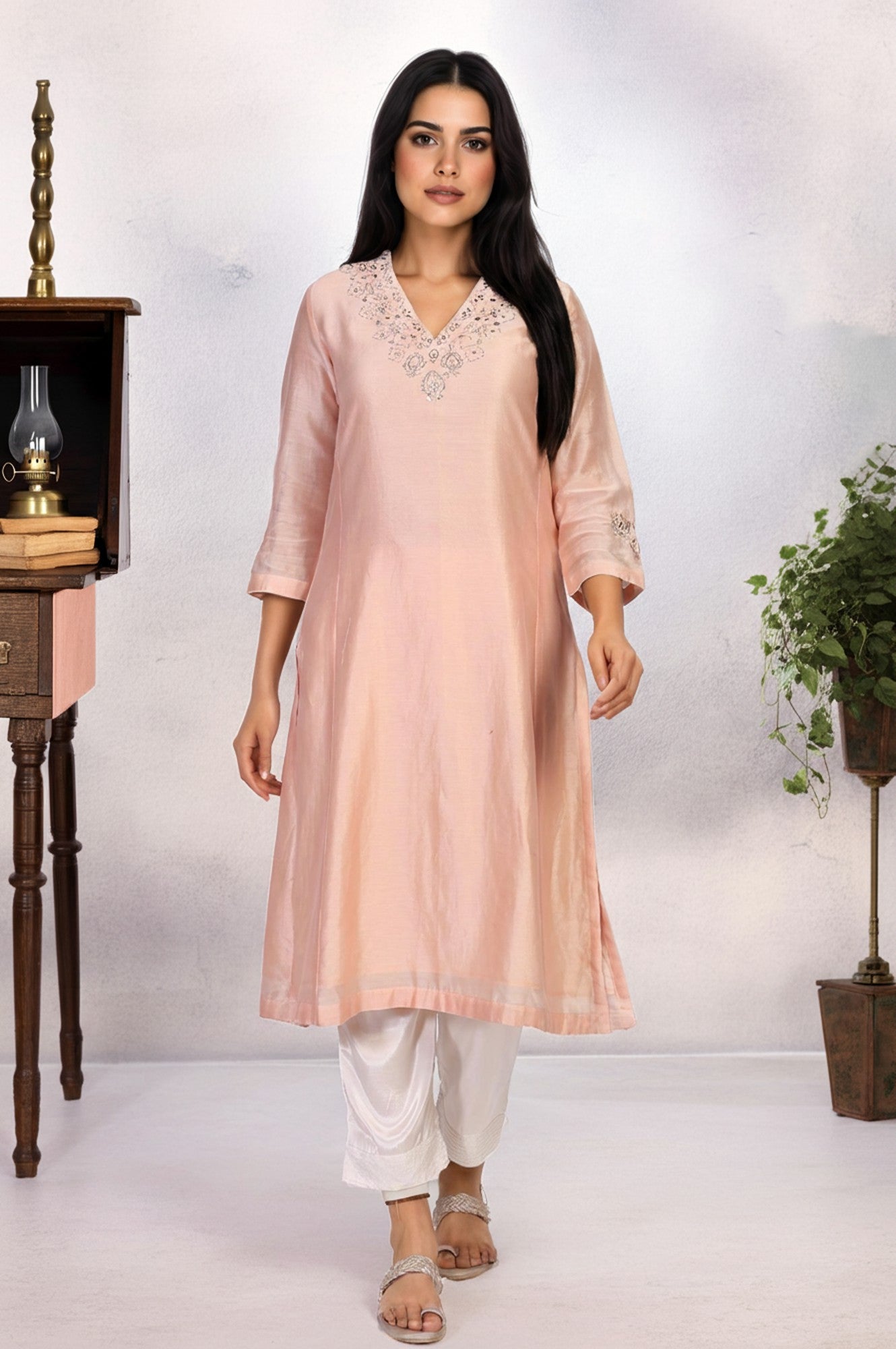 Peach Embroidered A-Line Cotton Kurta