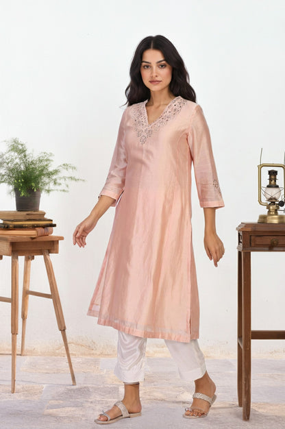 Peach Embroidered A-Line Cotton Kurta
