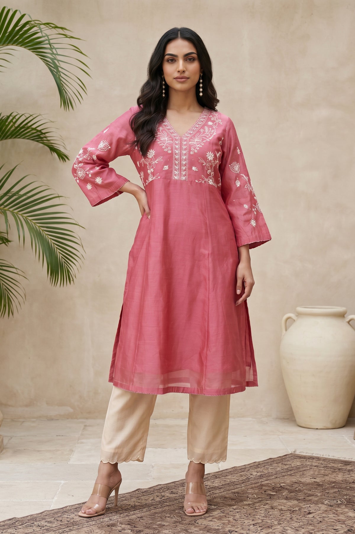 Rose Embroidered Cotton Silk A-line Kurta - L
