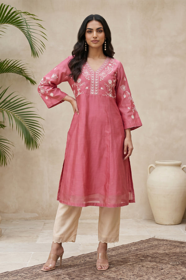 Rose Embroidered Cotton Silk A-line Kurta
