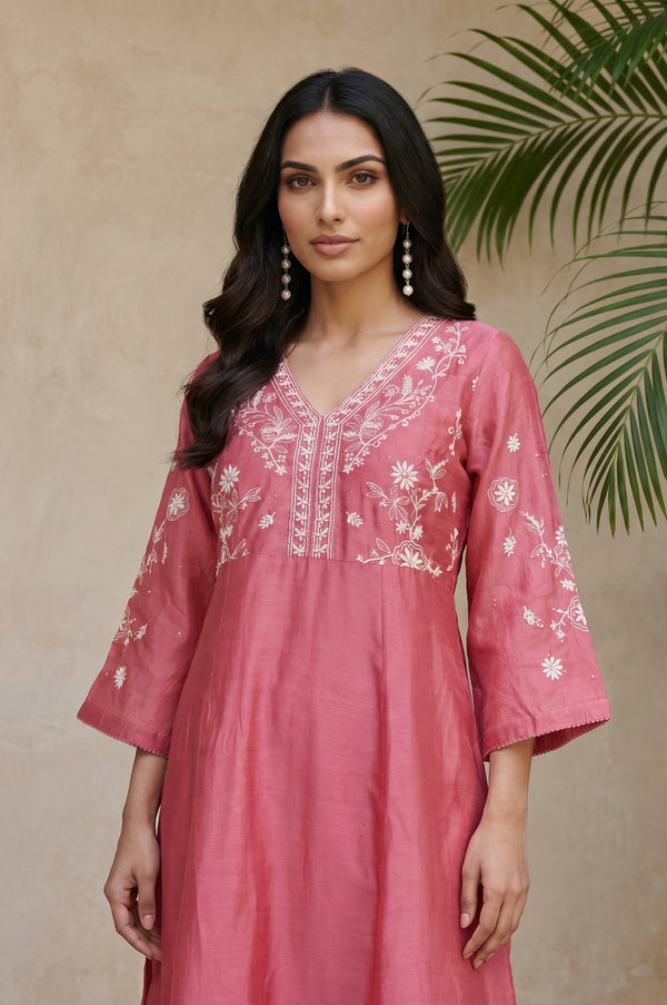 Rose Embroidered Cotton Silk A-line Kurta