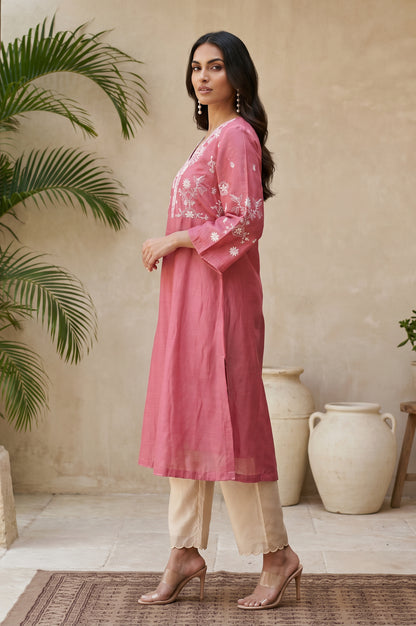 Rose Embroidered Cotton Silk A-line Kurta