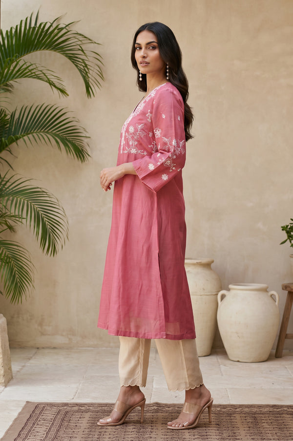 Rose Embroidered Cotton Silk A-line Kurta