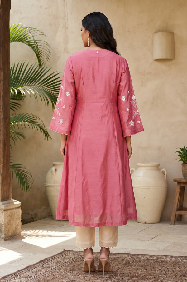 Rose Embroidered Cotton Silk A-line Kurta