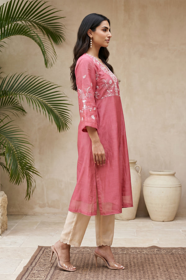 Rose Embroidered Cotton Silk A-line Kurta