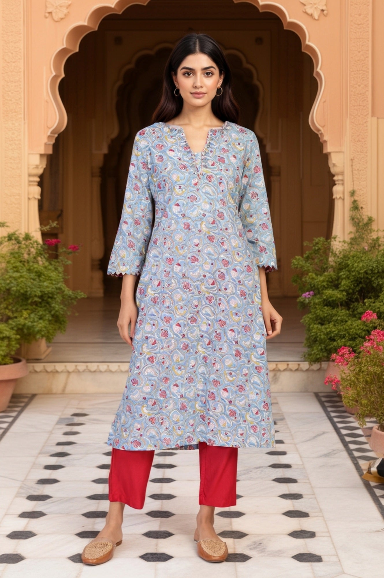 Blue Block Print Mirror Work Straight Cotton Kurta