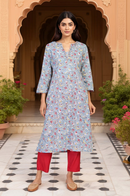Blue Block Print Mirror Work Straight Cotton Kurta