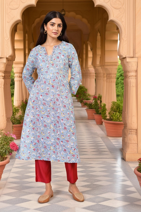 Blue Block Print Mirror Work Straight Cotton Kurta