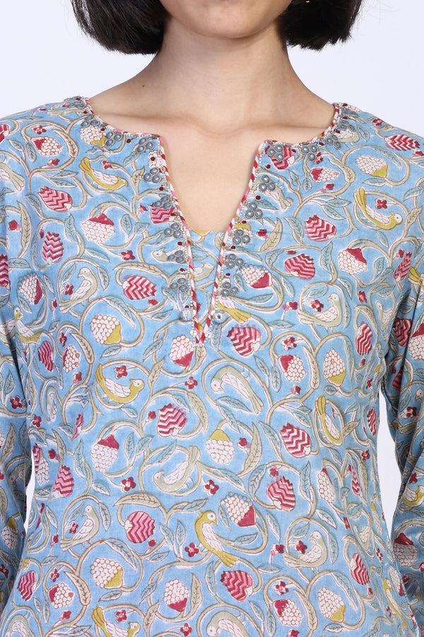 Blue Block Print Mirror Work Straight Cotton Kurta