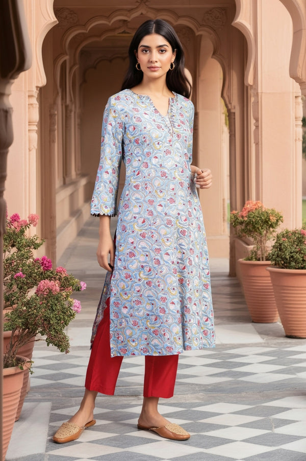 Blue Block Print Mirror Work Straight Cotton Kurta