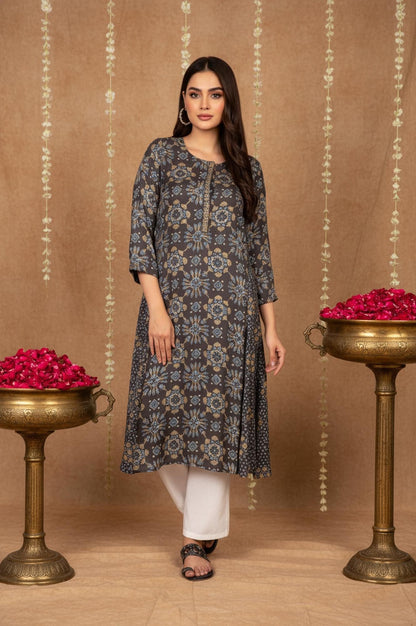 Brown Geometric Print Sequined A-Line Modal Satin Kurta