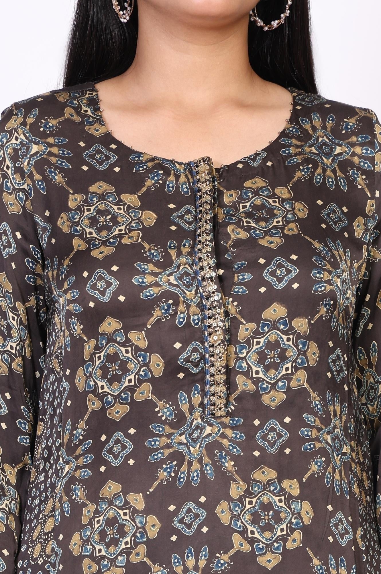 Brown Geometric Print Sequined A-Line Modal Satin Kurta