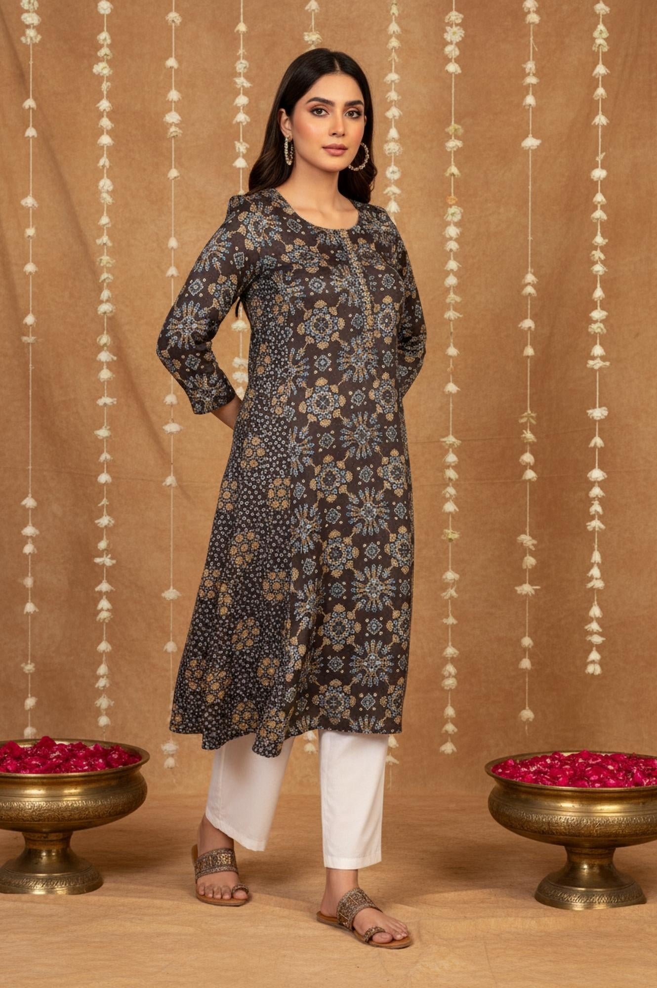 Brown Geometric Print Sequined A-Line Modal Satin Kurta