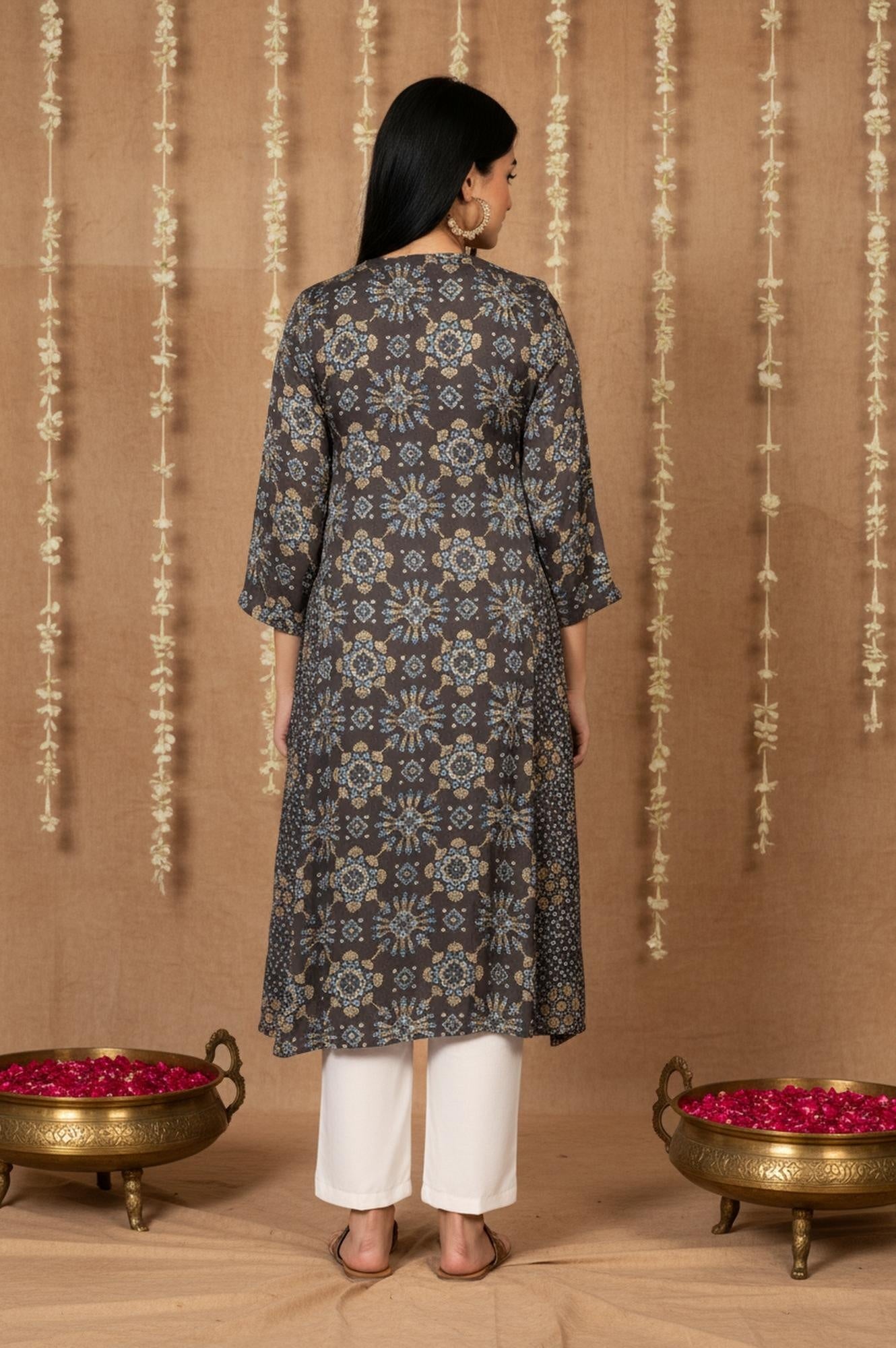 Brown Geometric Print Sequined A-Line Modal Satin Kurta