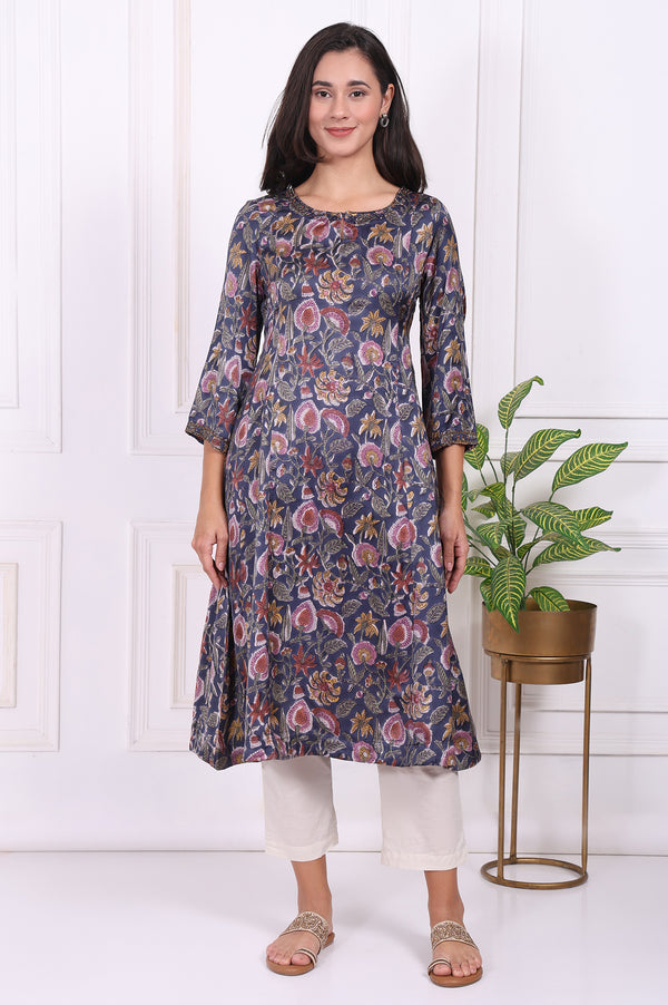 Navy Blue Floral Printed Beadwork Modal Satin A-line Kurta