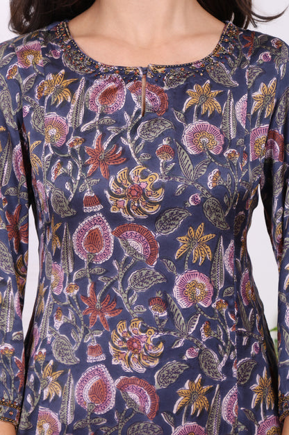 Navy Blue Floral Printed Beadwork Modal Satin A-line Kurta