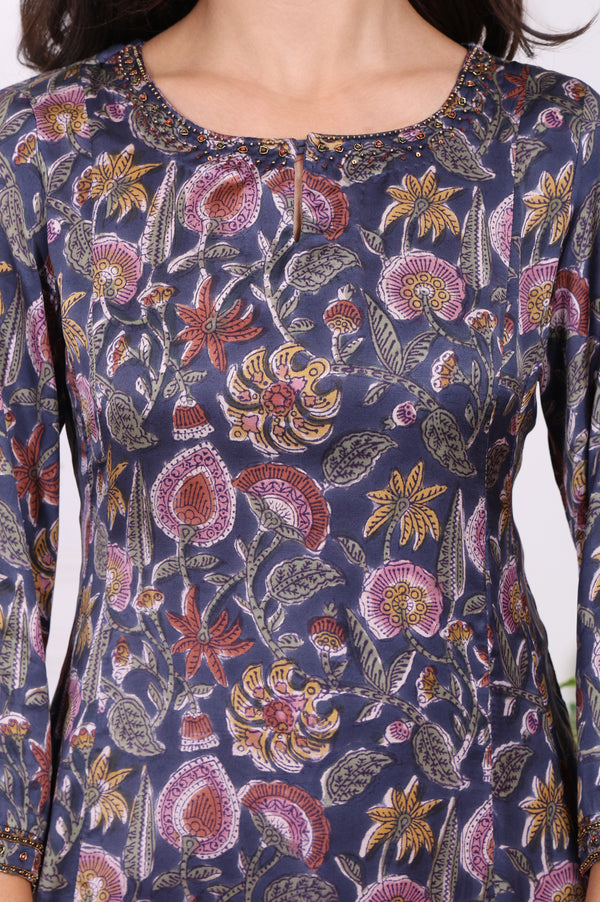 Navy Blue Floral Printed Beadwork Modal Satin A-line Kurta