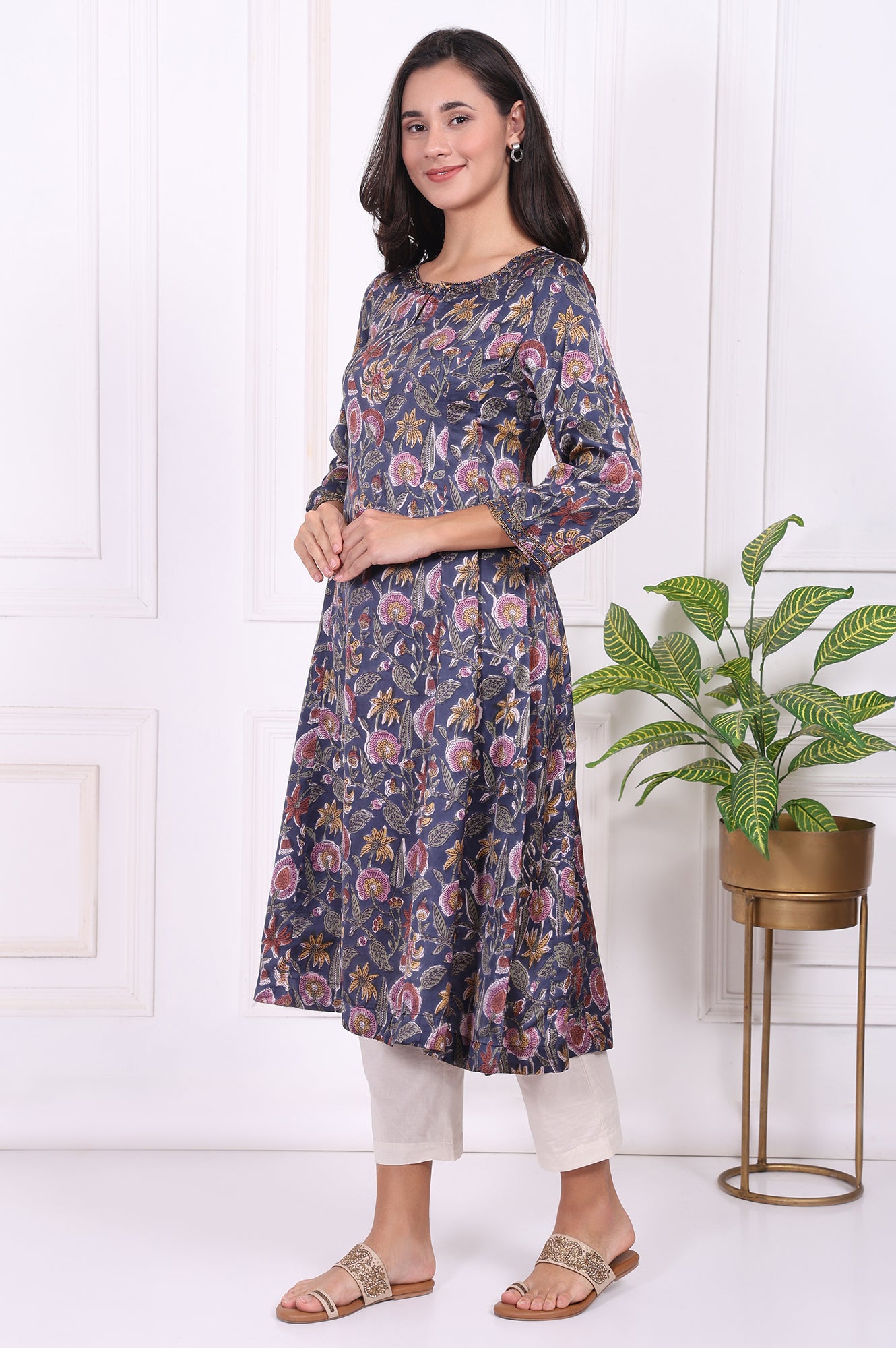 Navy Blue Floral Printed Beadwork Modal Satin A-line Kurta