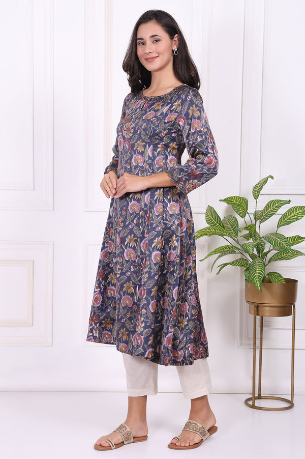 Navy Blue Floral Printed Beadwork Modal Satin A-line Kurta