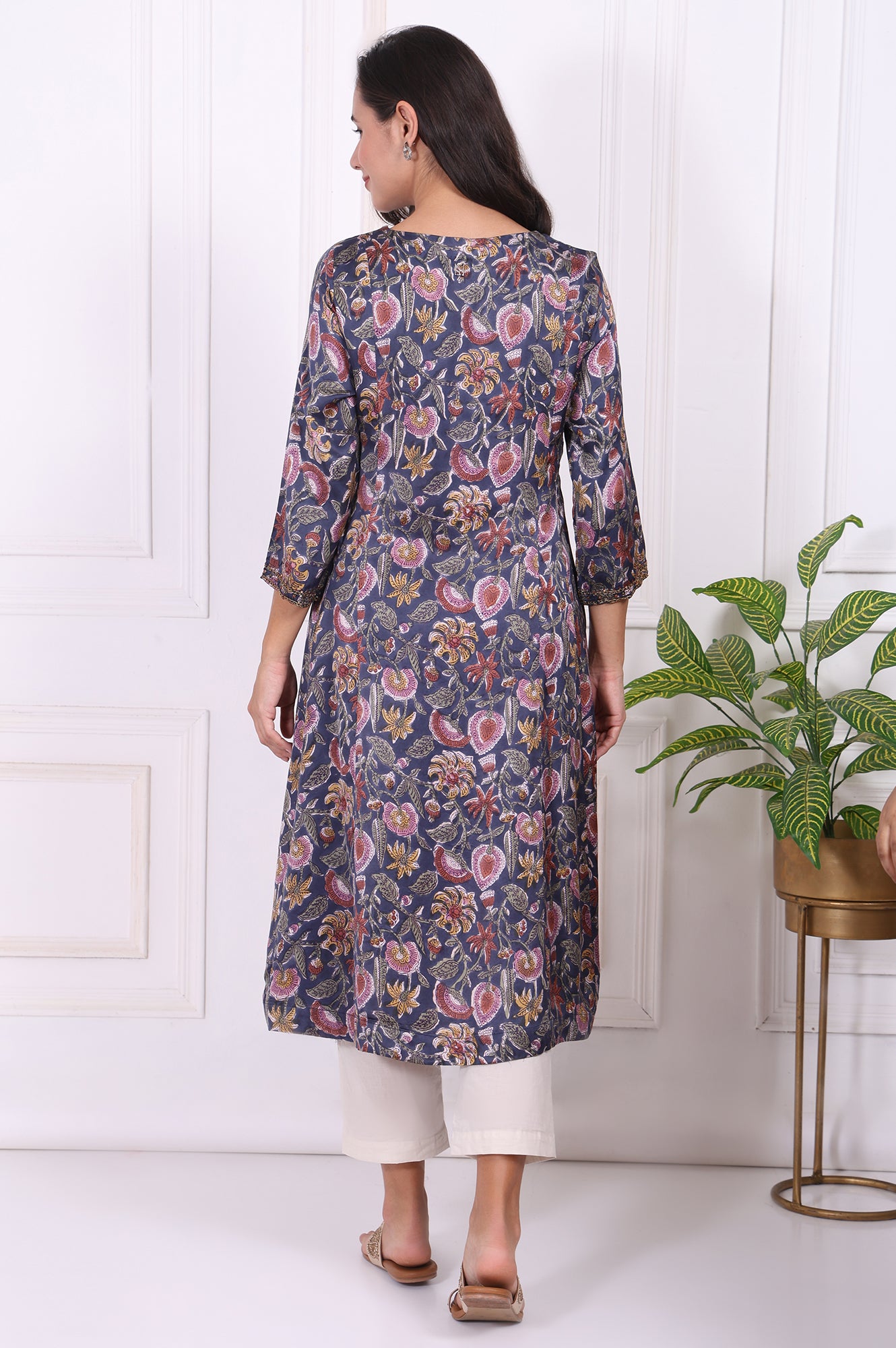 Navy Blue Floral Printed Beadwork Modal Satin A-line Kurta