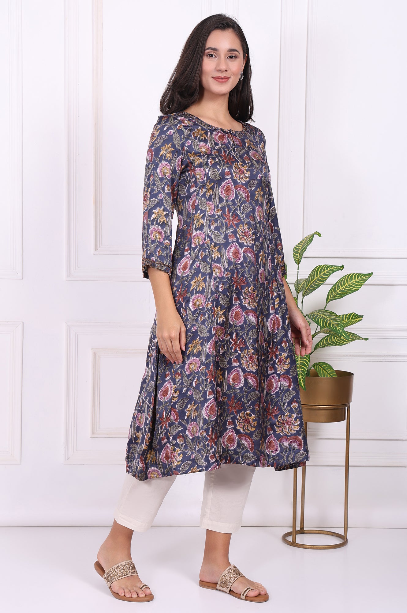 Navy Blue Floral Printed Beadwork Modal Satin A-line Kurta