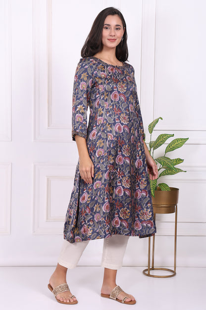 Navy Blue Floral Printed Beadwork Modal Satin A-line Kurta