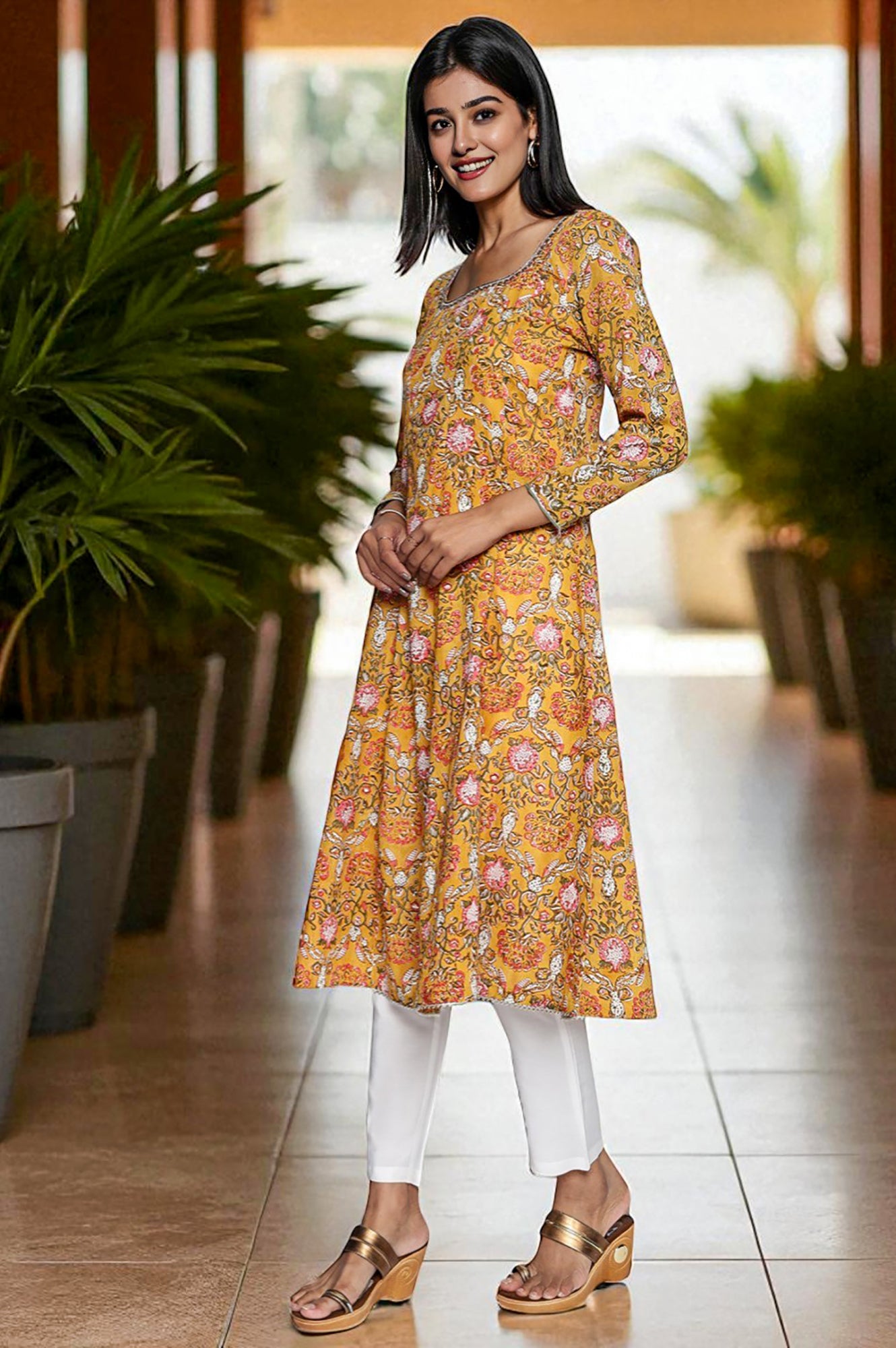 Mustard Printed Pure Cotton Flared Kurta