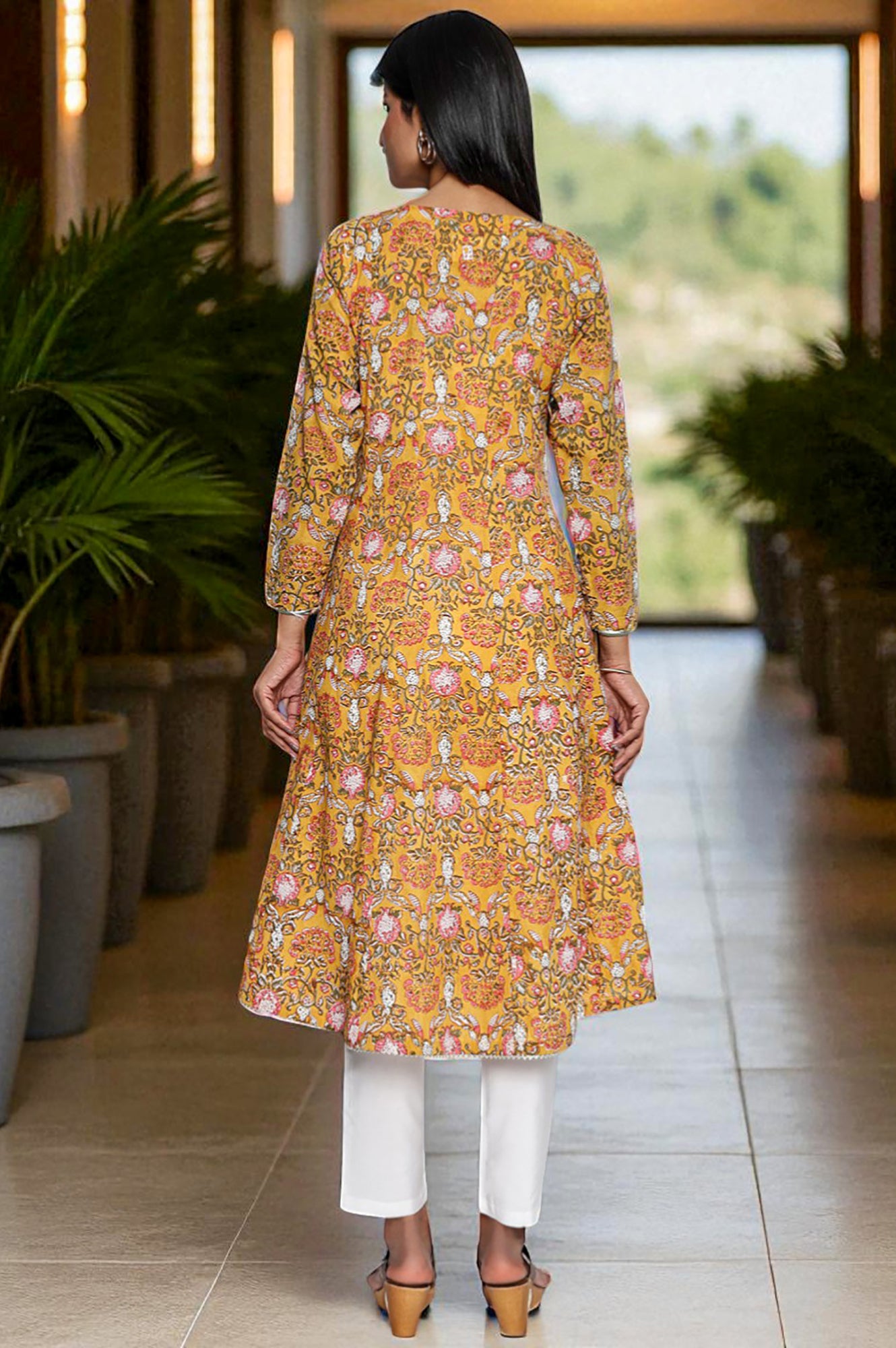 Mustard Printed Pure Cotton Flared Kurta