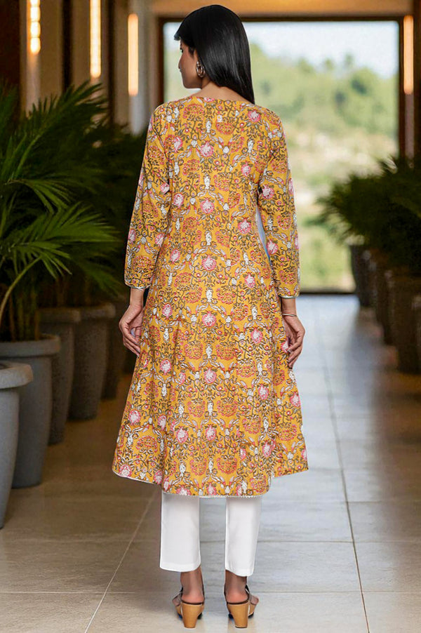 Mustard Printed Pure Cotton Flared Kurta