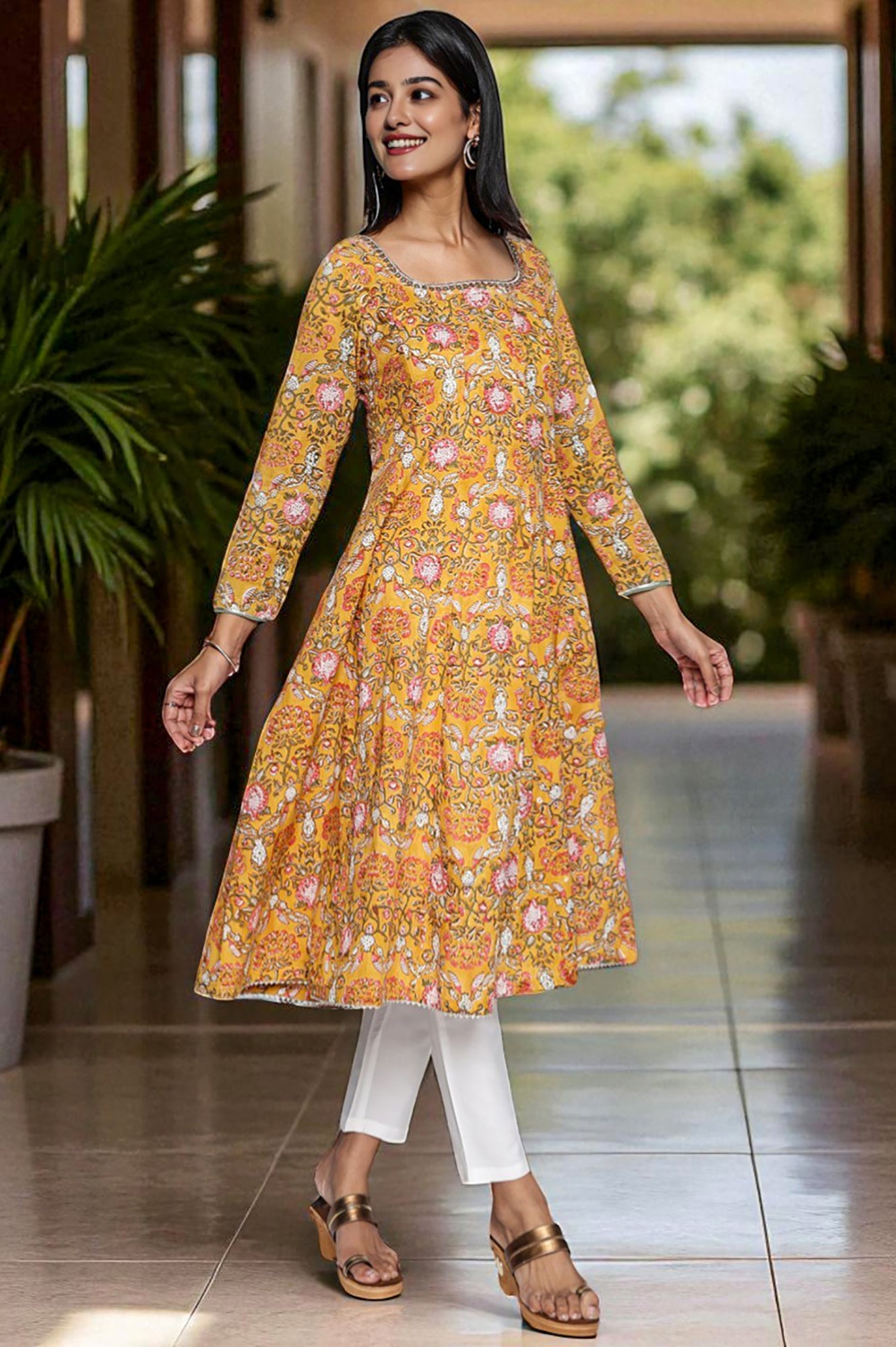 Mustard Printed Pure Cotton Flared Kurta