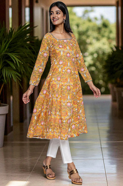 Mustard Printed Pure Cotton Flared Kurta