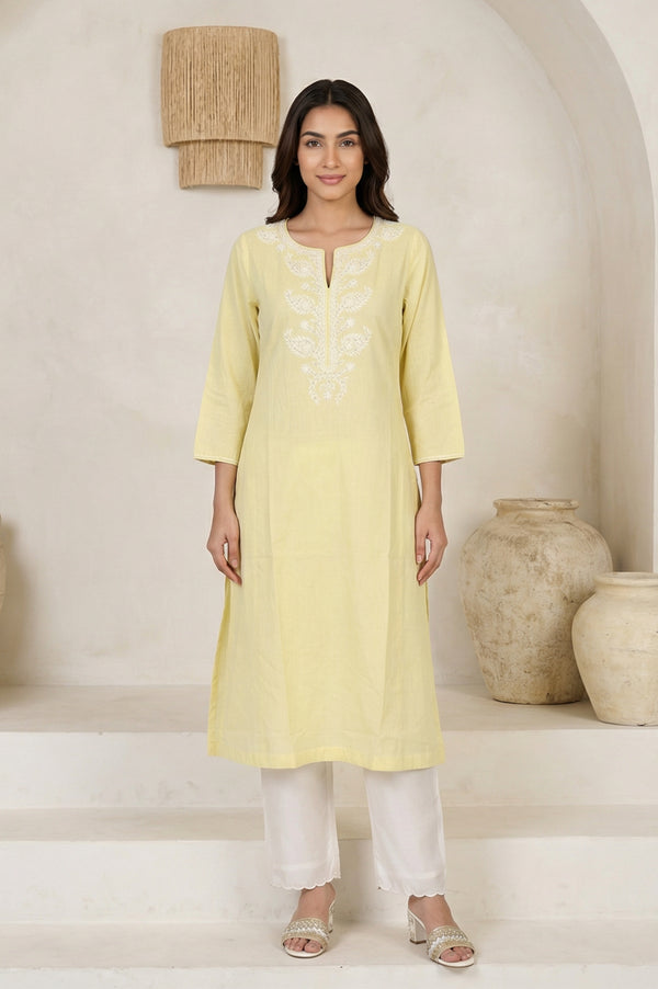 Yellow Chikankari Pure Cotton Straight Kurta