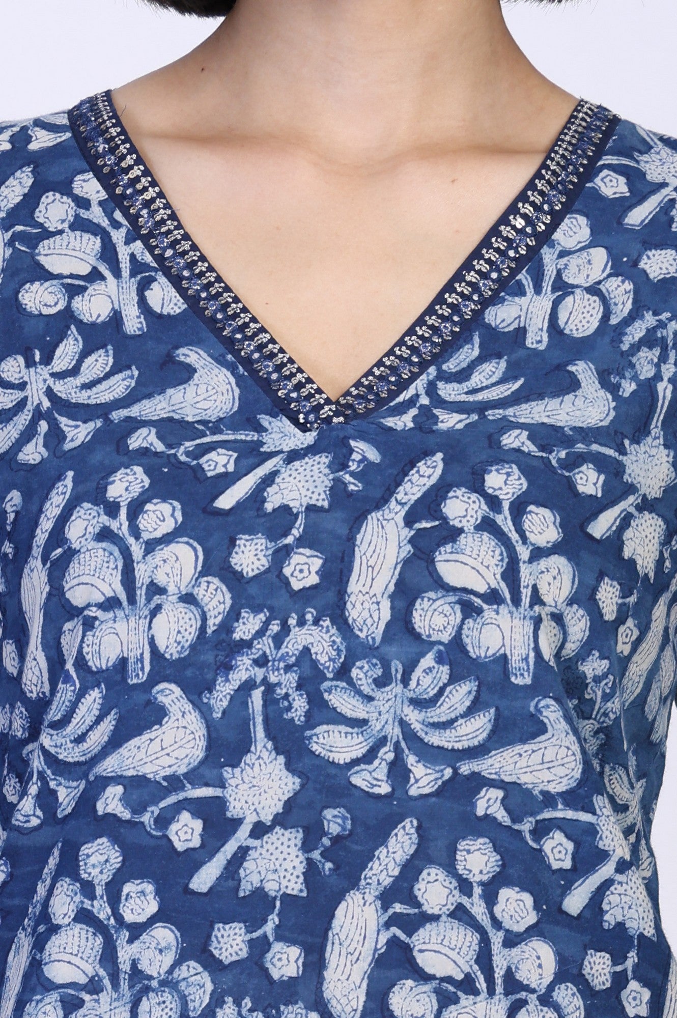 Blue Block Print Mirror Work Straight Cotton Kurta