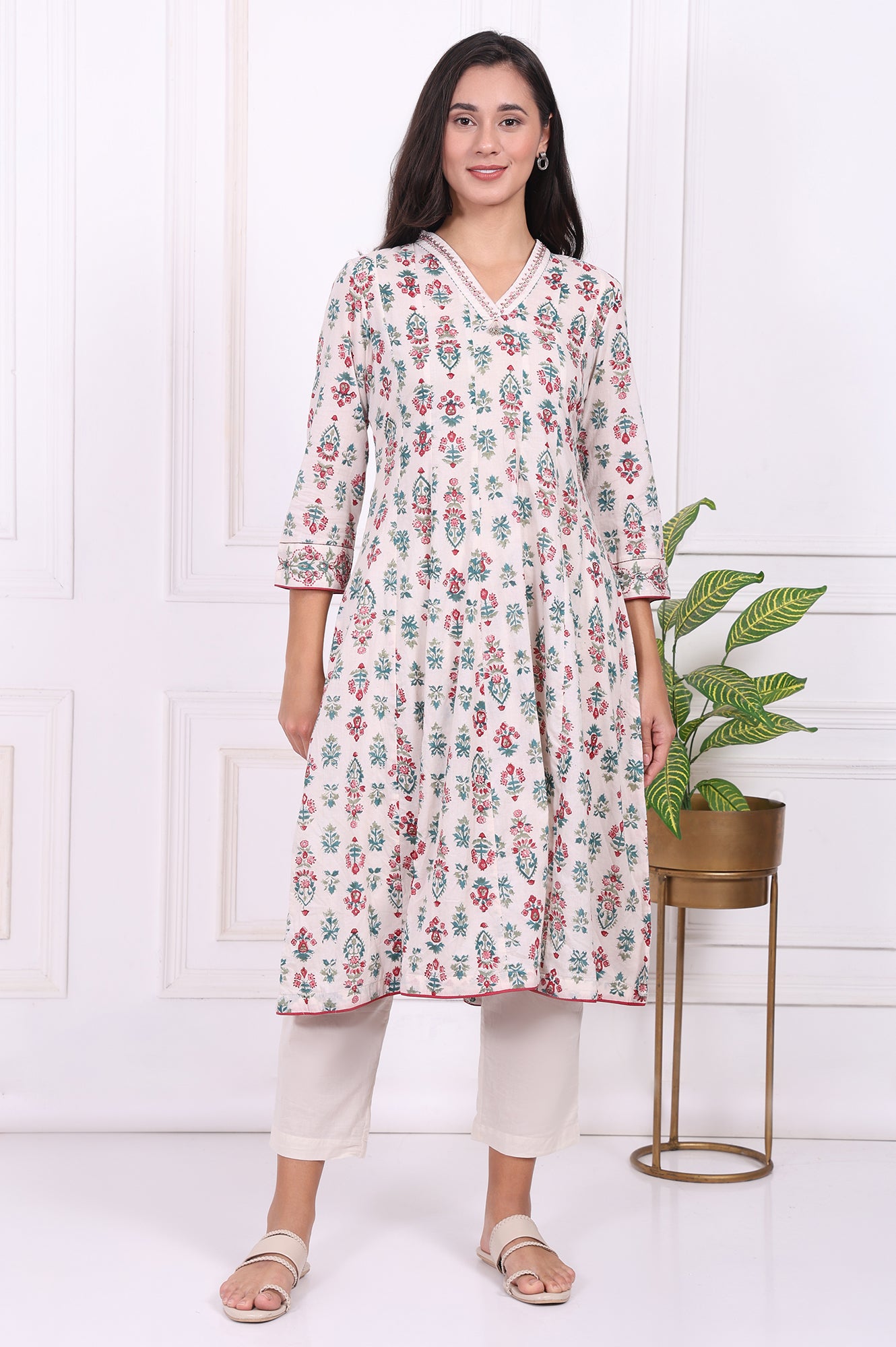 Off-White Floral Printed Thread Embroidered Pure Cotton Flared A-line Kurta