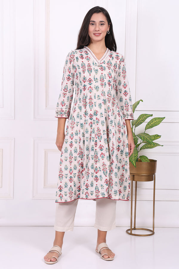 Off-White Floral Printed Thread Embroidered Pure Cotton Flared A-line Kurta