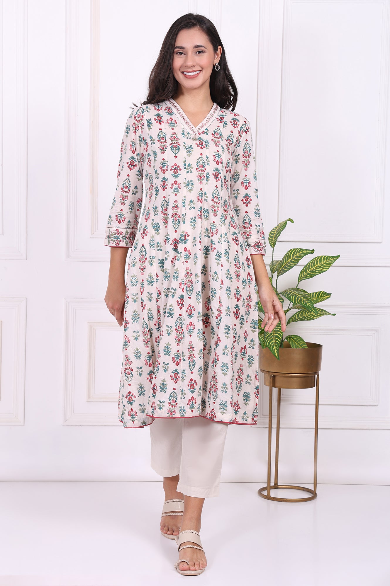 Off-White Floral Printed Thread Embroidered Pure Cotton Flared A-line Kurta