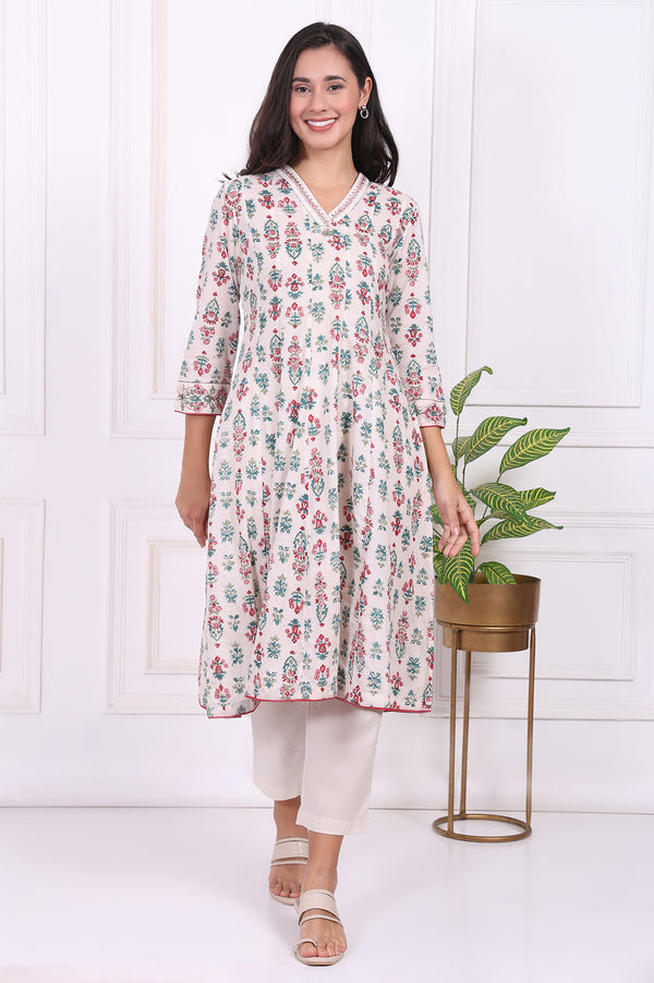 Off-White Floral Printed Thread Embroidered Pure Cotton Flared A-line Kurta