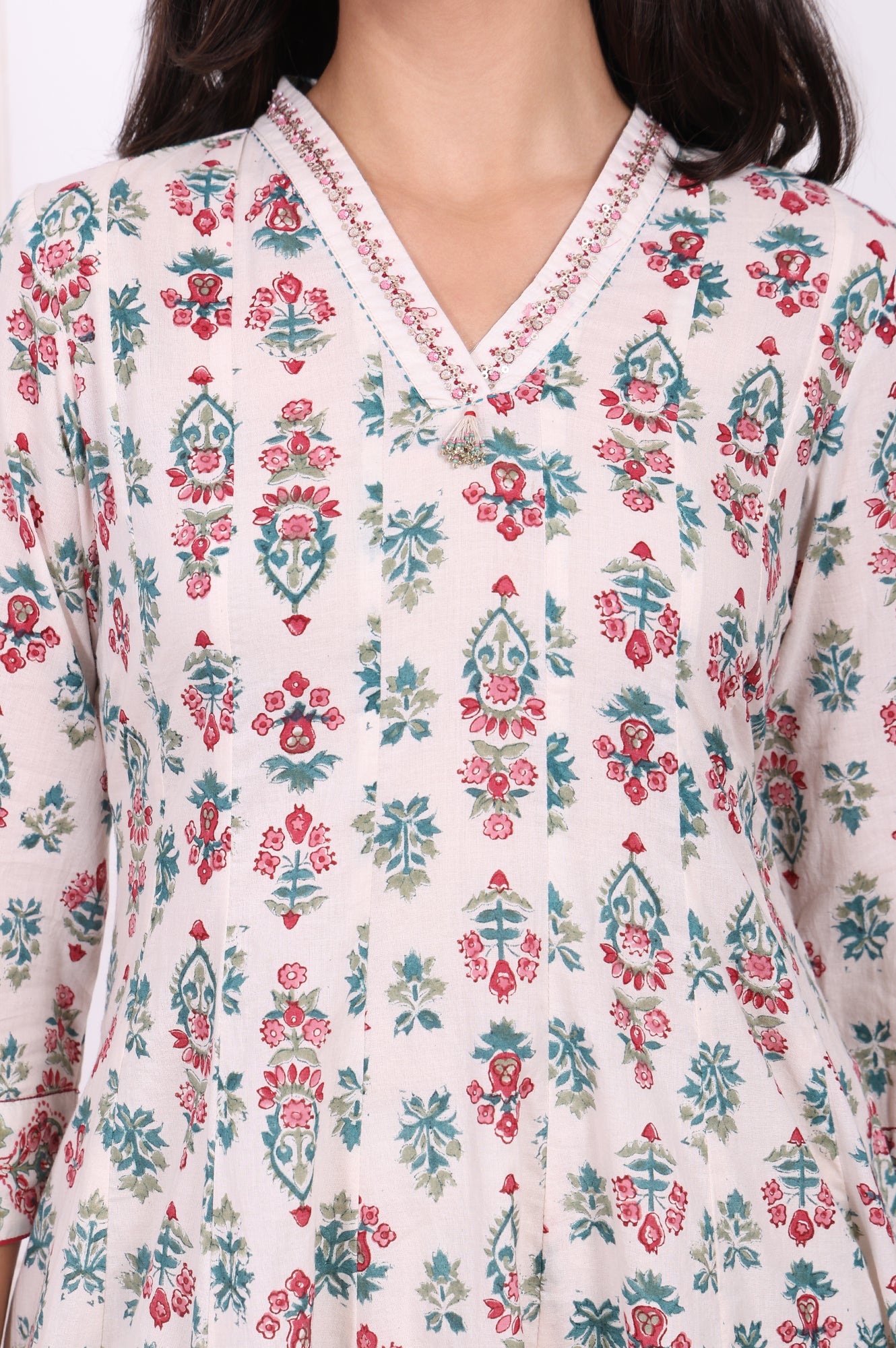 Off-White Floral Printed Thread Embroidered Pure Cotton Flared A-line Kurta