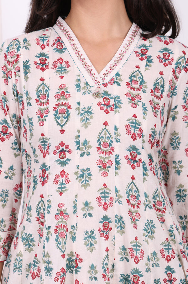 Off-White Floral Printed Thread Embroidered Pure Cotton Flared A-line Kurta