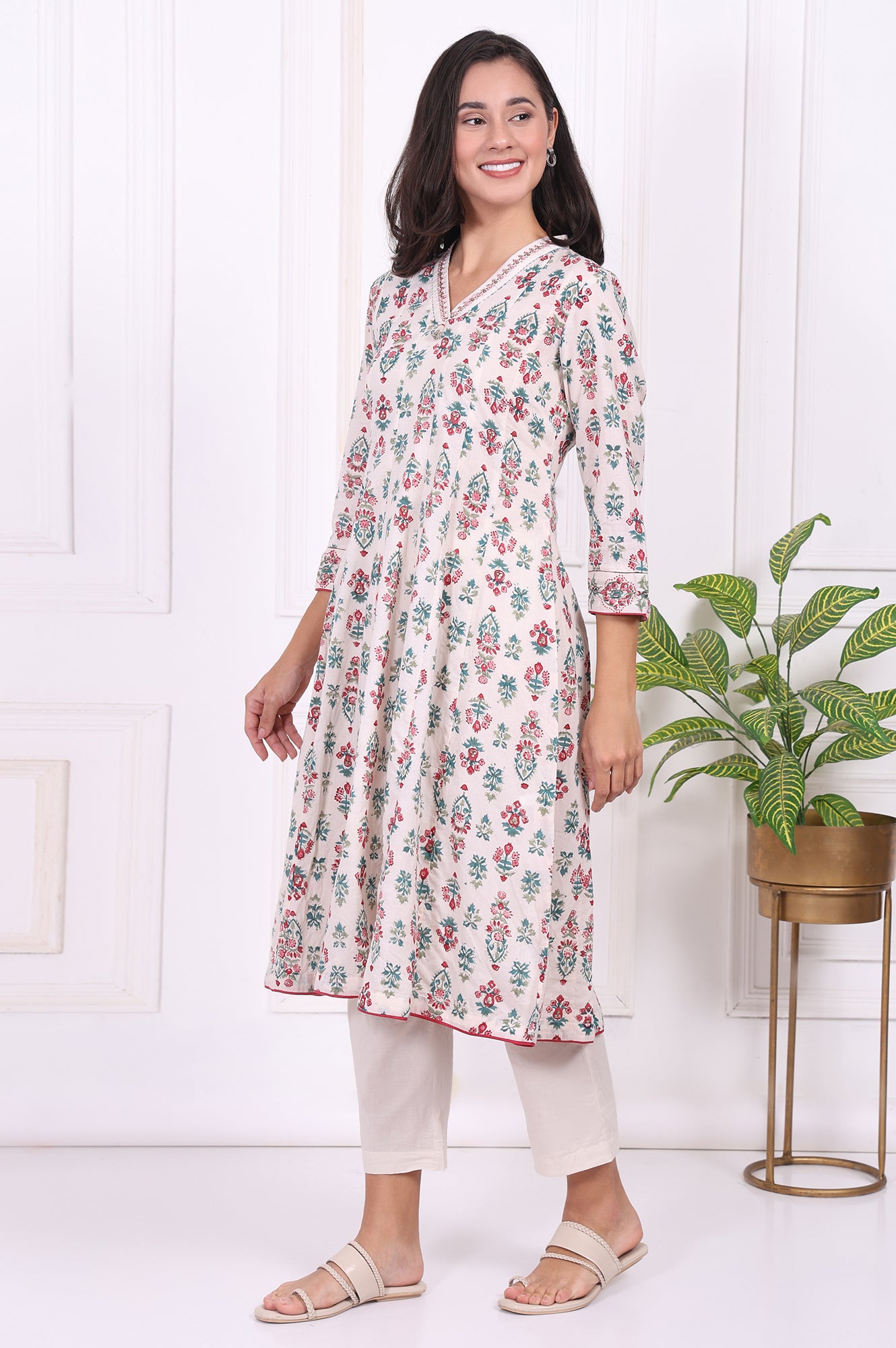 Off-White Floral Printed Thread Embroidered Pure Cotton Flared A-line Kurta